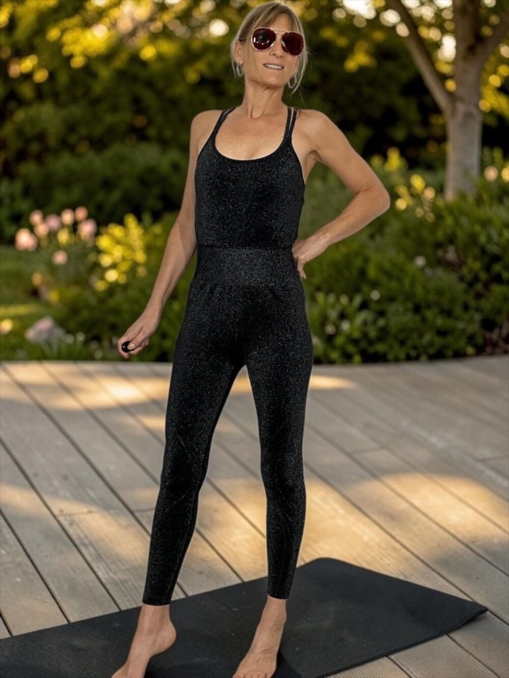 Fabletics X Khloe Kardashian Seamless Jumpsuit Black Sparkle Metallic